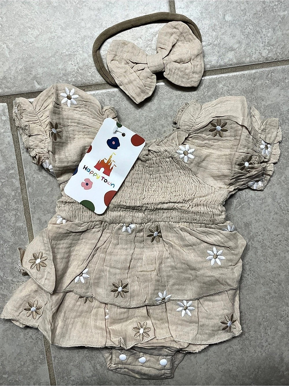 Happy Town Baby Girl Daisy Floral Romper with Headband Daisy Floral Baby Dress